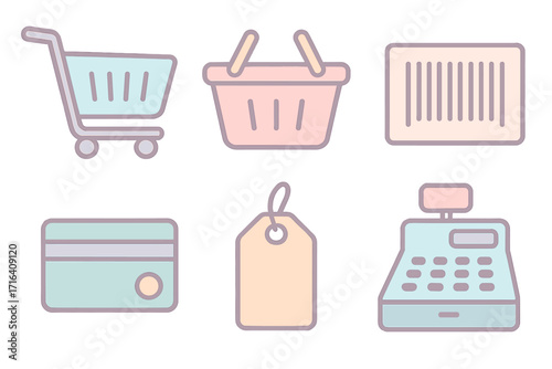 Vector shopping icon set. Pastel cartoon collection with cart, basket, barcode, card, tag, and cash register. For e-commerce, retail, online store, checkout, and payment.