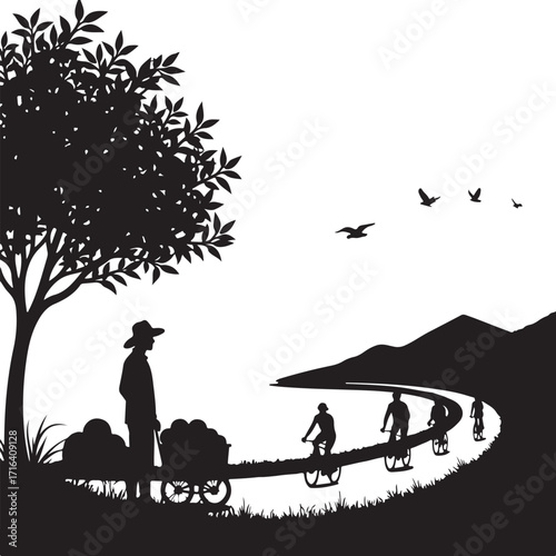 Silhouette of farmer with cart and cyclists on a winding road