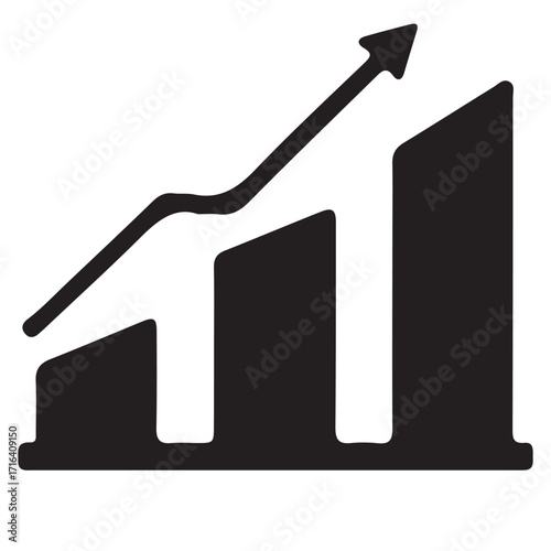 Simple black and white graphic icon representing a rising bar chart with an upward trending arrow indicating growth and success