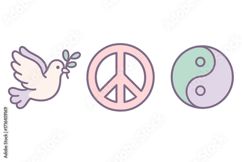Peace symbols vector set with dove, hippie sign, yin yang. Cartoon illustration icons for harmony, love, balance. Spiritual freedom, anti-war concepts in pastel colors.