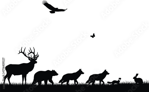 Forest wildlife silhouettes, deer, bear, wolves, fox, rabbit, bird, butterfly, nature scene