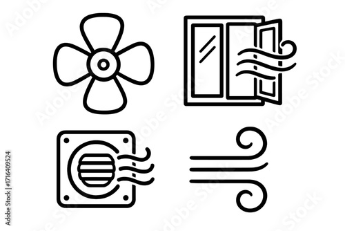 Airflow and ventilation icon set. Simple line art symbols for fan, wind, open window, and air circulation. Vector illustration for HVAC, climate control, and fresh air concepts.