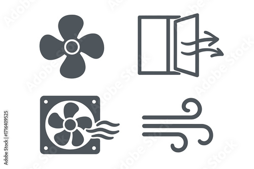 Airflow and ventilation icon set. Simple vector symbols of fan, open window, cooler, and wind. Concept for air conditioning, circulation, cooling system, and climate.