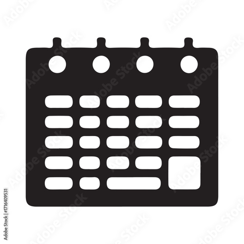Simple black and white icon representing a calendar with visible dates and days of the week for planning and scheduling