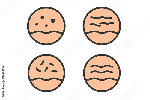 Skin type icon set. Vector cartoon illustration of different skin conditions like oily, dry, sensitive, and aging skin. Dermatology concept for cosmetology, acne, and wrinkles.