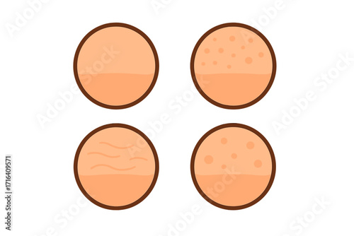 Skin type icon set for cosmetology. Vector illustrations of normal, oily, dry, and combination skin textures. Dermatology concepts for aging, acne, and skincare routine.