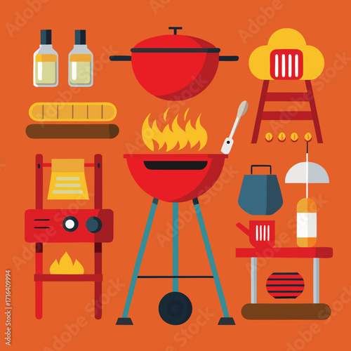 Collection of barbecue grill illustrations with various cooking elements and accessories