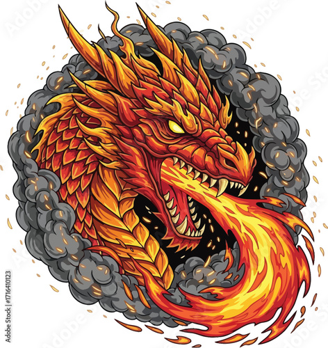 Fiery dragon head illustration spitting fire with smoke fantasy mythical beast art design drawing vector