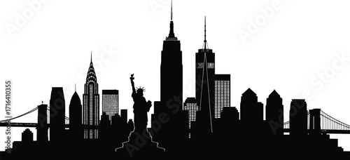 New York City skyline silhouette, Statue of Liberty, urban architecture, iconic landmarks
