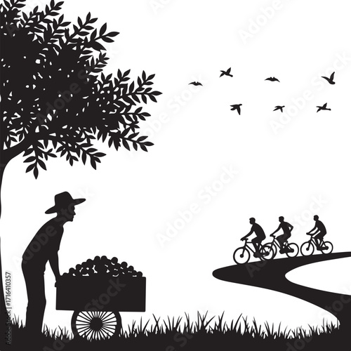 Silhouette of farmer with fruit cart and cyclists on path