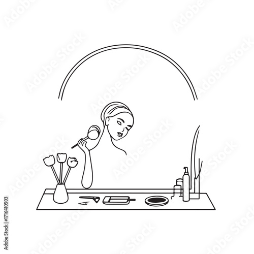Black and white line art of a beautiful woman doing makeup at dressing table with mirror illustration