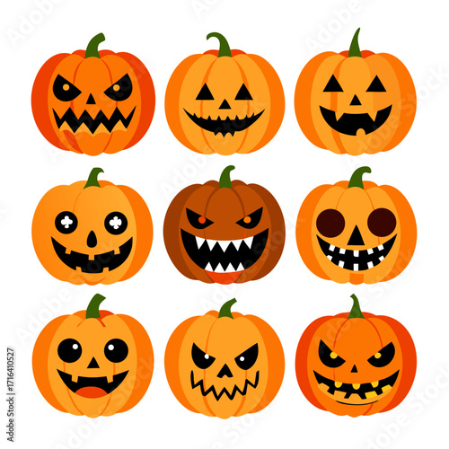 cartoon Set of Halloween Jack-o-Lanterns with Spooky Faces

