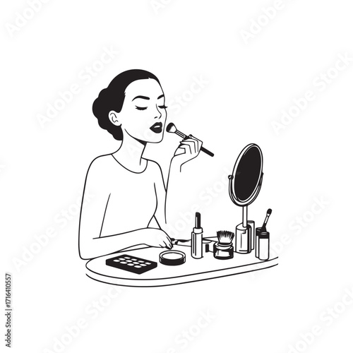 Black and white line art of a beautiful woman doing makeup at dressing table with mirror illustration