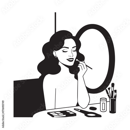 Black and white line art of a beautiful woman doing makeup at dressing table with mirror illustration