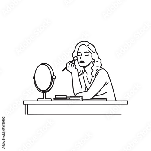 Black and white line art of a beautiful woman doing makeup at dressing table with mirror illustration