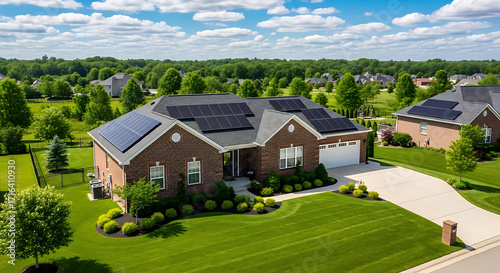 Beautiful brick suburban house with solar panels on the roof under a blue sky