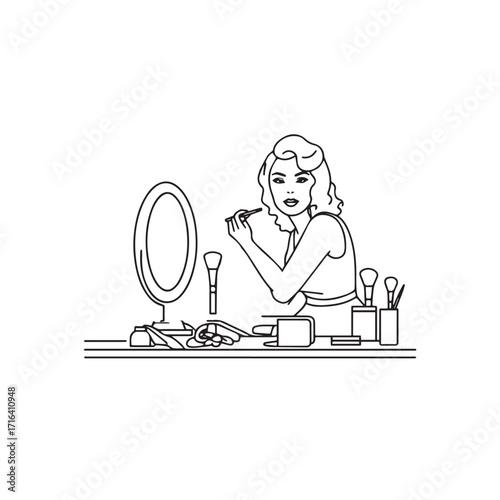 Black and white line art of a beautiful woman doing makeup at dressing table with mirror illustration