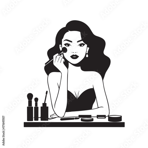 Black and white line art of a beautiful woman doing makeup at dressing table with mirror illustration