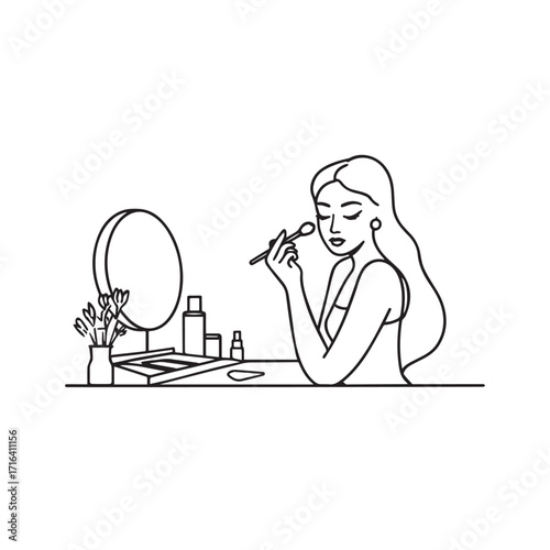 Black and white line art of a beautiful woman doing makeup at dressing table with mirror illustration