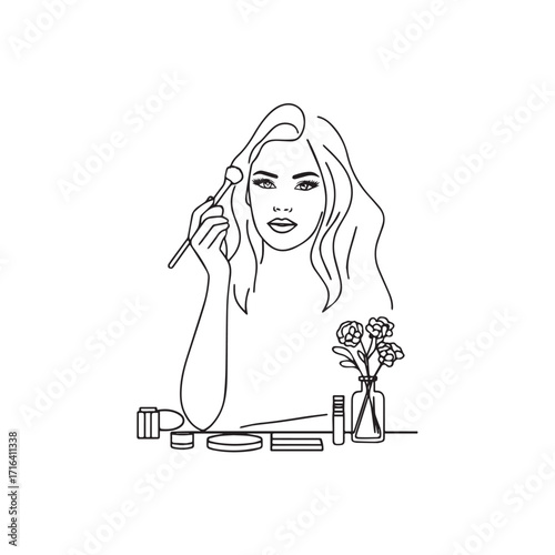 Black and white line art of a beautiful woman doing makeup at dressing table with mirror illustration