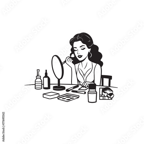 Black and white line art of a beautiful woman doing makeup at dressing table with mirror illustration