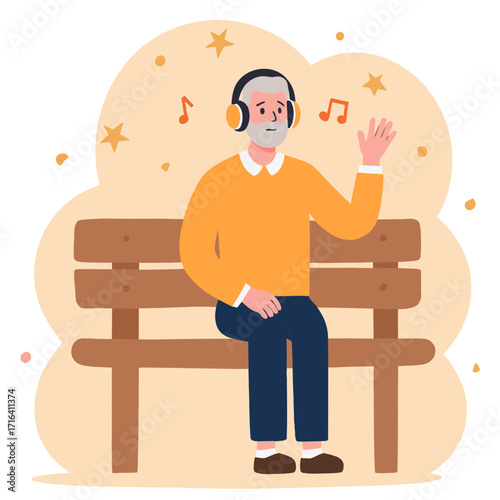 Elderly man with headphones. Senior man listening to music with headphones. Older man enjoying audio in headphones. Retired man wearing headphones and smiling. Elderly set