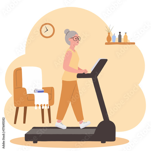 Elderly woman on treadmill. Senior lady exercising at gym. Older woman walking on treadmill machine. Retired woman doing cardio workout. Elderly set
