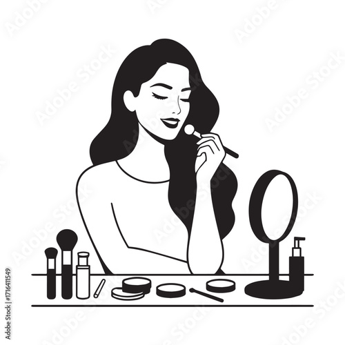 Black and white line art of a beautiful woman doing makeup at dressing table with mirror illustration