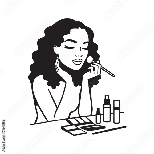 Black and white line art of a beautiful woman doing makeup at dressing table with mirror illustration