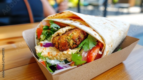 A crispy falafel wrap with hummus, tahini, and fresh veggies, Middle Eastern street food