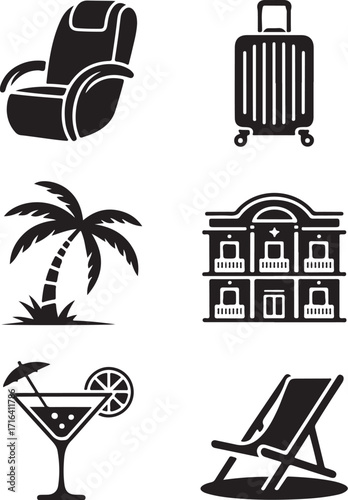 Vacation icons: relax, travel, enjoy sunny holidays