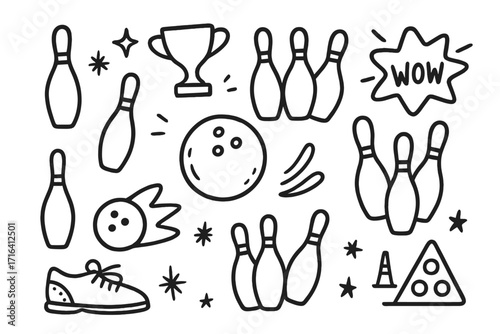 Bowling doodles set. Hand drawn vector elements for sports design. Fun cartoon sketch illustration with ball, pins, shoe, trophy. Sport game competition icons collection.
