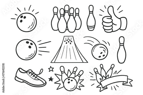 Bowling doodles set. Hand drawn sketch of bowling ball, pin, strike and shoe. Sport game icons for design. Vector cartoon leisure activity clipart elements collection.