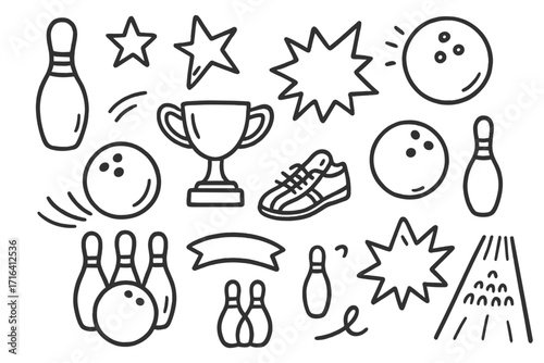 Bowling doodles icon set. Hand drawn vector elements for sports design. Fun cartoon illustration collection with ball, pin, trophy, and shoe. Skittles line art graphics pack.