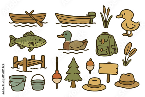 Hand-drawn fishing and lakeside icon set. Vector cartoon illustration collection with boat, fish, duck, pier, bobber, and camping gear. Outdoor nature recreation elements.