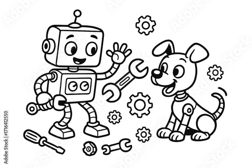 Charming robot and friendly cyborg dog characters. Playful black and white outline cartoon set. Vector illustration with gears, tools, wrench for STEM and kids' engineering.