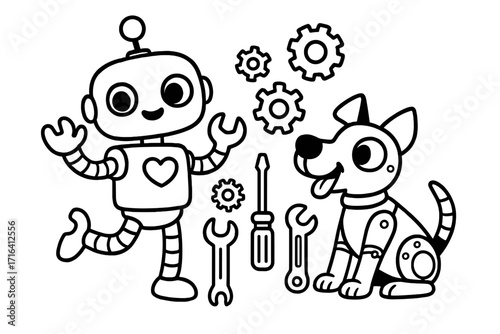 Cute robot and dog characters black and white outline vector set. Cartoon android, cyborg puppy, gears, and repair tools for coloring book. Technology and friendship concept.