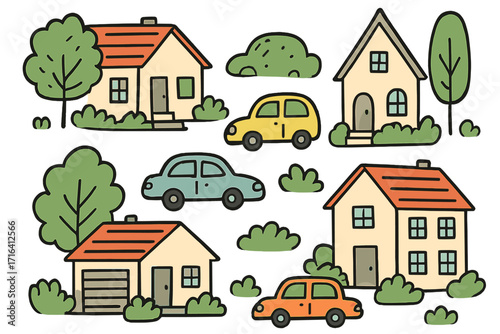 Charming suburban neighborhood doodle set. Vector cartoon illustration with houses, cars, and trees. Real estate assets. Hand-drawn town and city life graphic elements.
