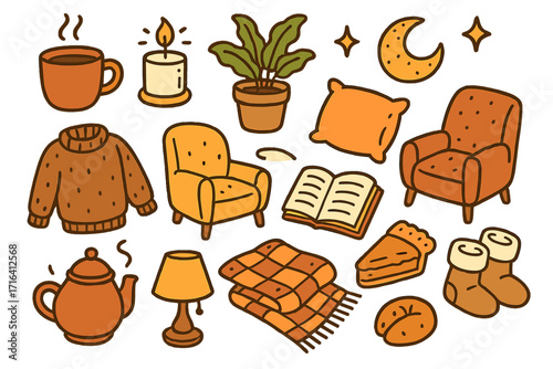 Cozy home comforts doodle set. Vector cartoon illustration of warm and relaxing autumn elements like a sweater, book, candle, and tea. Hygge lifestyle concept icons.