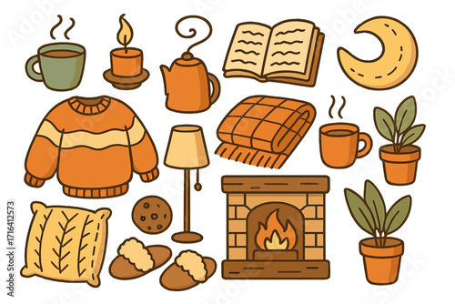 Cozy home comforts doodle set. Vector cartoon illustration of warm, relaxing elements for a hygge lifestyle. Autumn winter flat icons with fireplace, sweater, book, tea, blanket.
