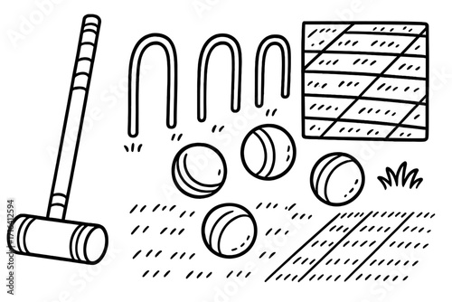 Croquet game elements doodle set. Vector cartoon illustration of mallet, hoops, and balls. Outdoor sport equipment for summer lawn activity. Fun leisure and recreation concept.