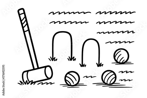 Croquet game equipment doodle set. Hand-drawn vector illustration of outdoor sport elements. Includes mallet, balls, and wickets for a classic lawn game. Cartoon sketch.