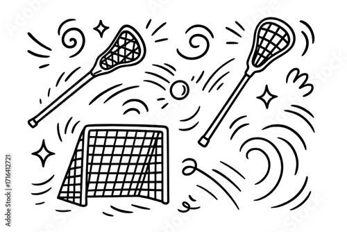 Lacrosse sport game equipment doodle set. Vector collection of hand drawn stick, crosse, ball, and goal net elements. Dynamic black and white cartoon outline illustration.