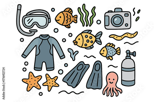 Doodle style scuba diving and snorkeling equipment set. Vector cartoon illustration of underwater adventure gear with marine life, fish, octopus, and starfish icons.