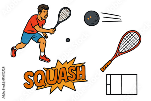 Squash sport vector elements set. Hand-drawn cartoon illustration of player, racket, ball, and court. Dynamic athletic icons for game, competition, or fitness design.