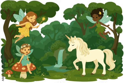 Enchanting fairyland with cute fairies and a magical unicorn in a mystical forest. Vector cartoon illustration set for children. Fantasy fairytale scene with mythical creatures.