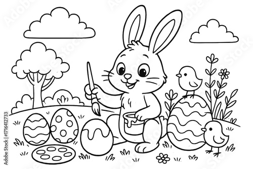 Easter bunny painting eggs with chicks in a spring meadow. Coloring book page for kids. Cute cartoon animal vector illustration for children's activity and holiday fun.