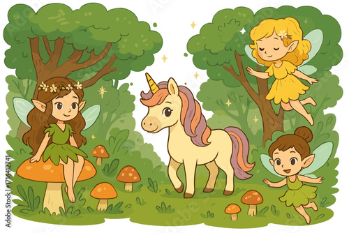 Enchanting fairyland with cute fairies and a magical unicorn in a mystical forest. Whimsical cartoon vector illustration set for children's storybooks. Fantasy fairytale characters.