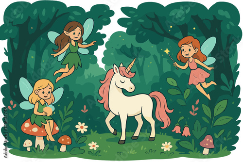 Cute cartoon unicorn with fairies in an enchanting mystical forest. Whimsical fairytale scene with magical creatures. Children's storybook vector illustration fantasy set.