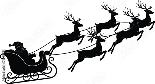 Santa Claus silhouette, sleigh with reindeer, flying Christmas scene, festive holiday illustration